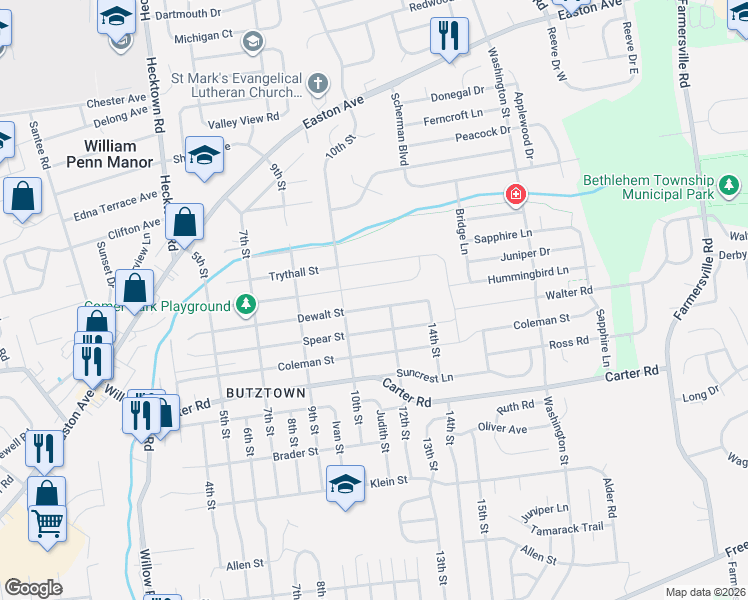 map of restaurants, bars, coffee shops, grocery stores, and more near 3820 Dewalt Street in Bethlehem