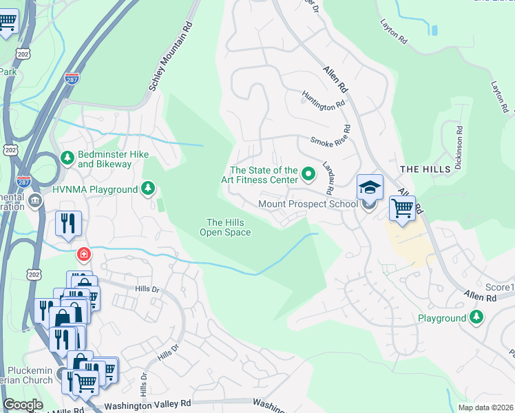 map of restaurants, bars, coffee shops, grocery stores, and more near 86 Encampment Drive in Bedminster