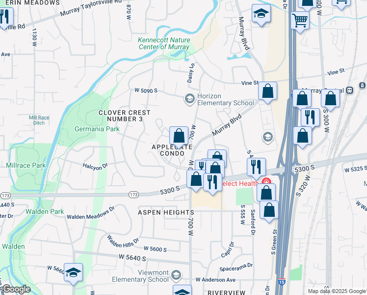 map of restaurants, bars, coffee shops, grocery stores, and more near 5285 Rome Beauty Park in Murray