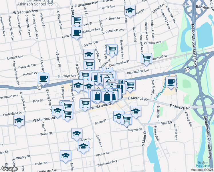 map of restaurants, bars, coffee shops, grocery stores, and more near 18 East Sunrise Highway in Freeport