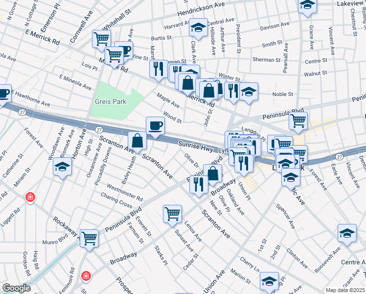 map of restaurants, bars, coffee shops, grocery stores, and more near 22 Reyam Road in Lynbrook