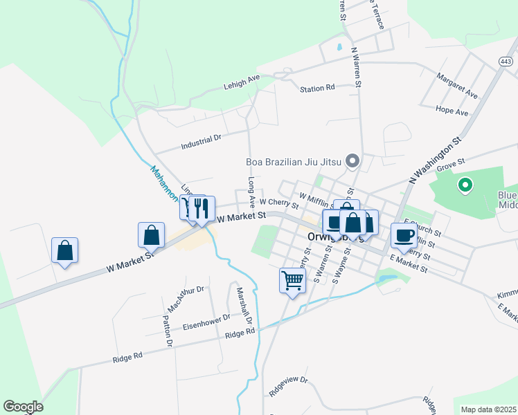 map of restaurants, bars, coffee shops, grocery stores, and more near 430 W Market St in Orwigsburg