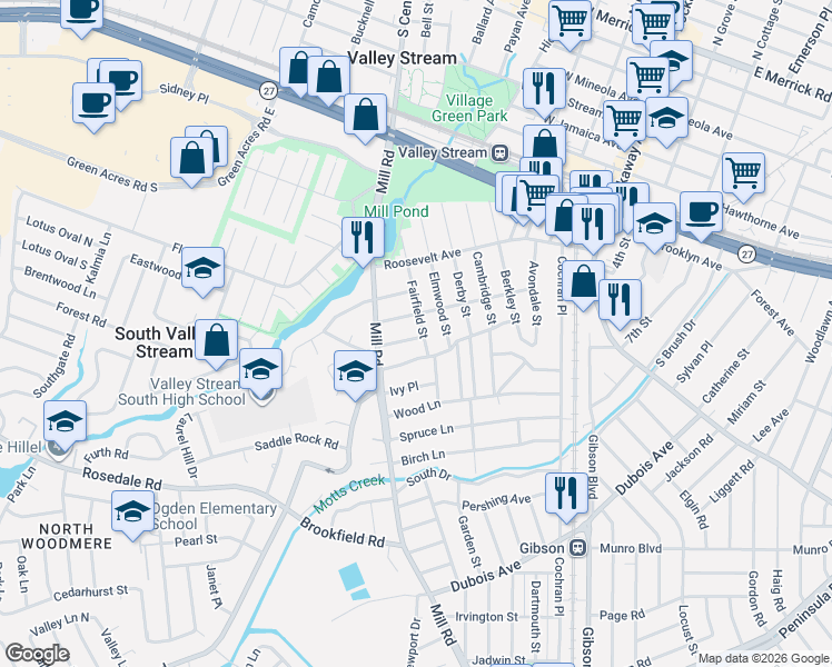 map of restaurants, bars, coffee shops, grocery stores, and more near 23 Greenwood Place in Valley Stream