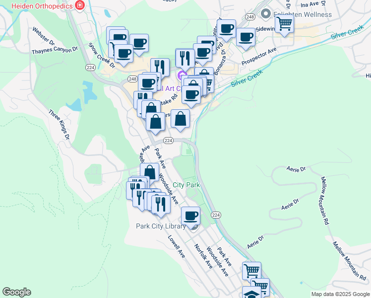 map of restaurants, bars, coffee shops, grocery stores, and more near 1580 Sullivan Road in Park City
