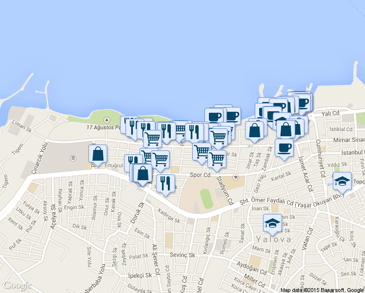 map of restaurants, bars, coffee shops, grocery stores, and more near Fatih Cd in Yalova