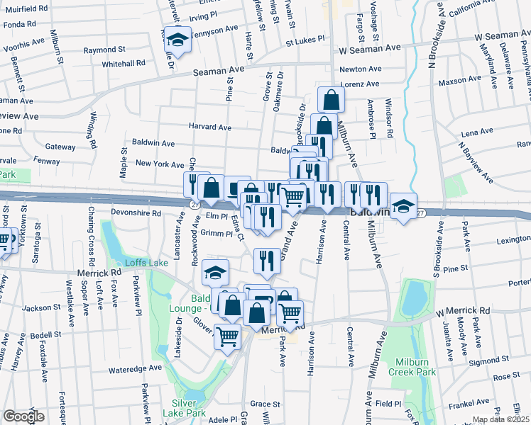 map of restaurants, bars, coffee shops, grocery stores, and more near 690 Sunrise Highway in Baldwin