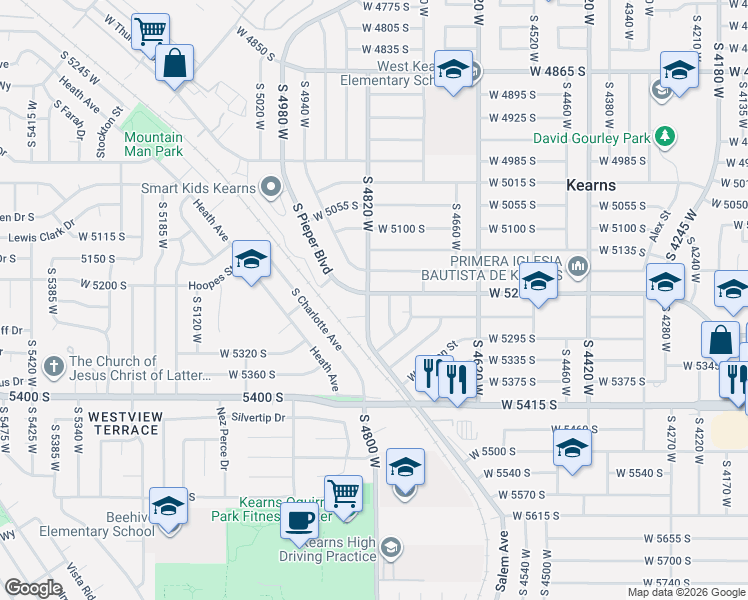 map of restaurants, bars, coffee shops, grocery stores, and more near 4815 West 5215 South in Kearns