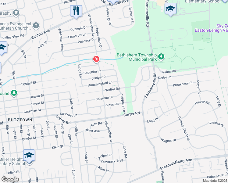 map of restaurants, bars, coffee shops, grocery stores, and more near 4130 Walter Road in Bethlehem