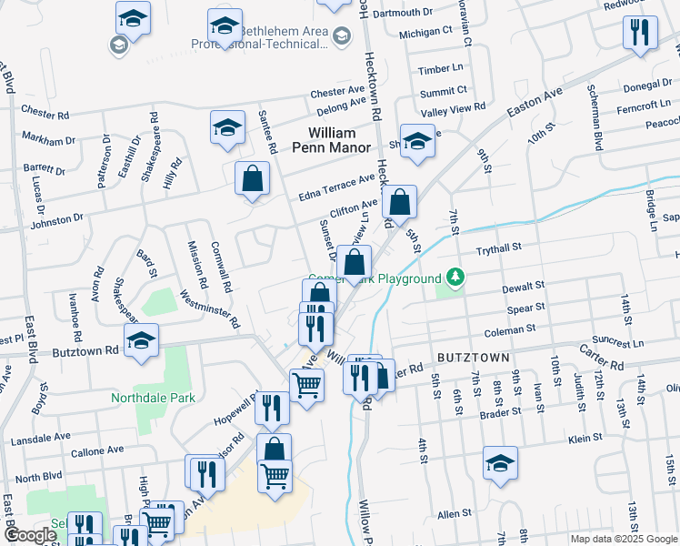 map of restaurants, bars, coffee shops, grocery stores, and more near 2812 Sunset Drive in Bethlehem