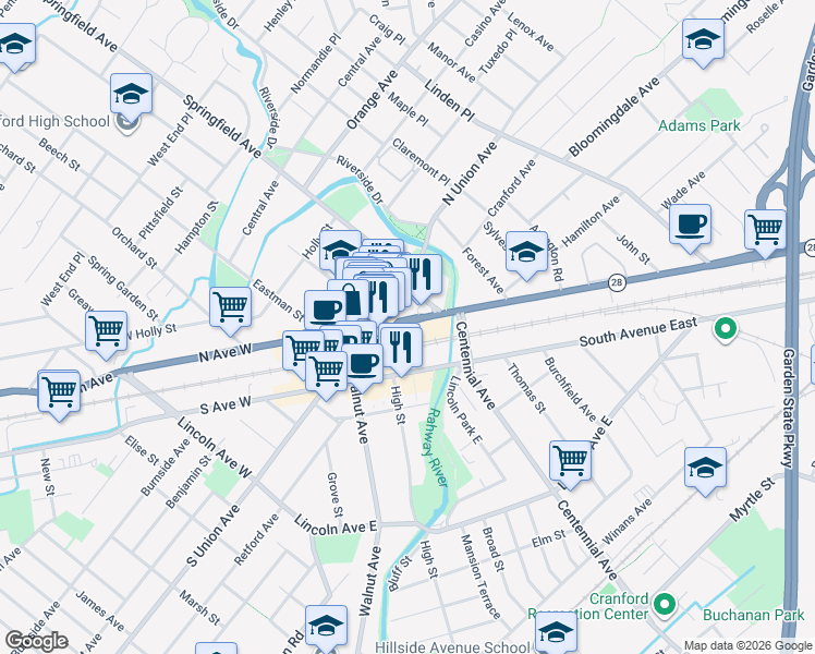 map of restaurants, bars, coffee shops, grocery stores, and more near in Cranford