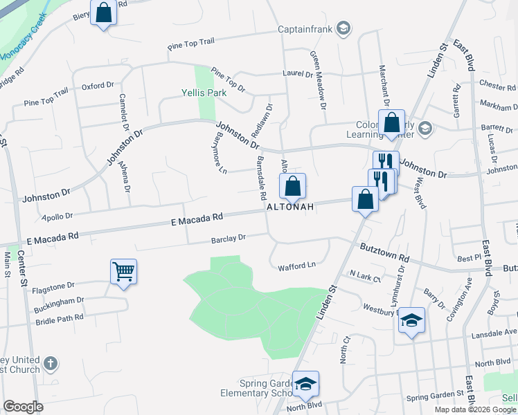 map of restaurants, bars, coffee shops, grocery stores, and more near 765 East Macada Road in Bethlehem