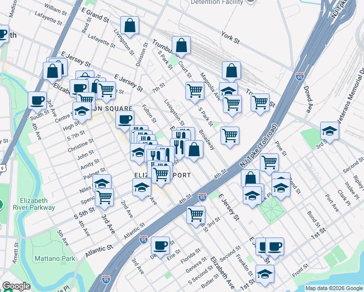 map of restaurants, bars, coffee shops, grocery stores, and more near 517 Fulton Street in Elizabeth