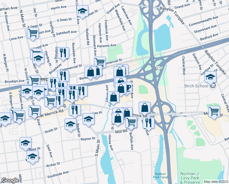 map of restaurants, bars, coffee shops, grocery stores, and more near 221 Liberty Park Drive in Freeport