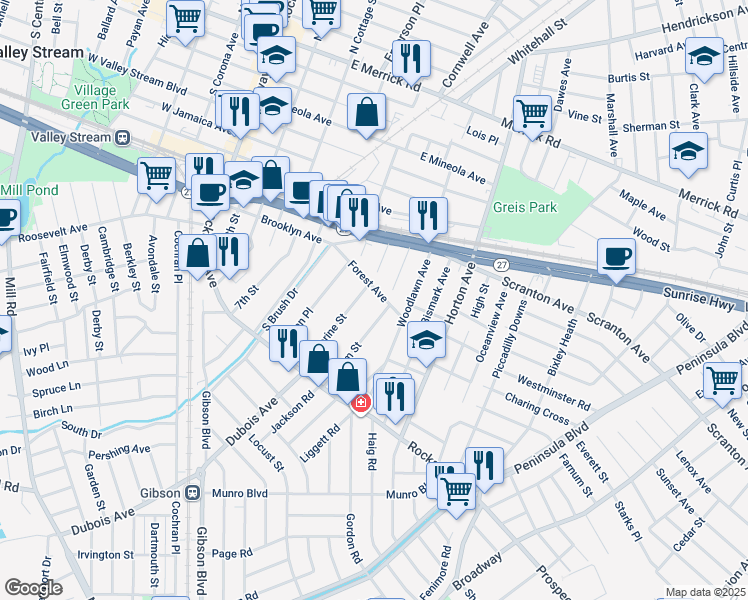 map of restaurants, bars, coffee shops, grocery stores, and more near 60 Forest Avenue in Valley Stream