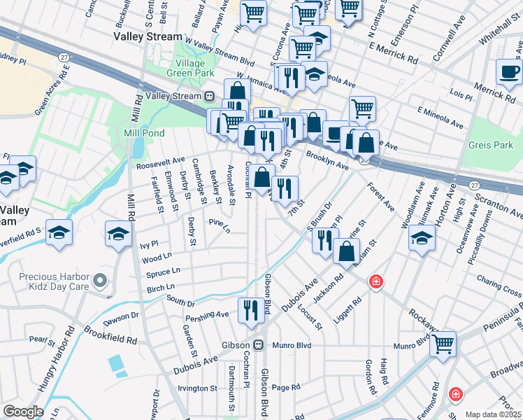 map of restaurants, bars, coffee shops, grocery stores, and more near 1 Gibson Boulevard in Valley Stream