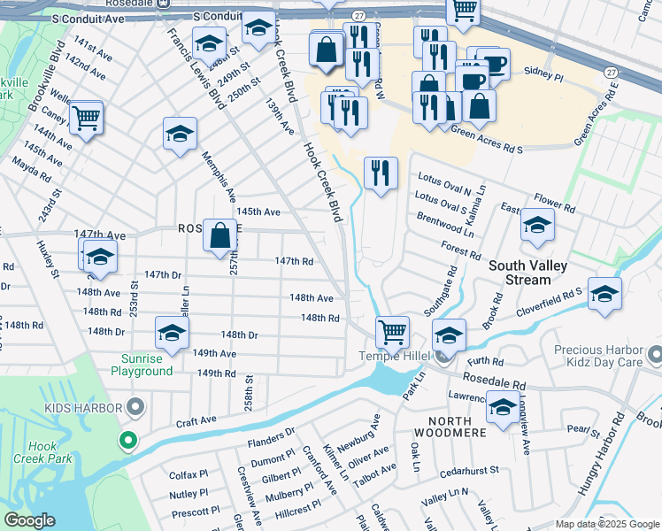 map of restaurants, bars, coffee shops, grocery stores, and more near 14744 Hook Creek Boulevard in Queens