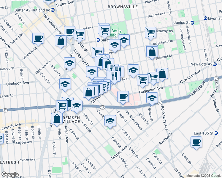 map of restaurants, bars, coffee shops, grocery stores, and more near 525 Rockaway Parkway in Brooklyn