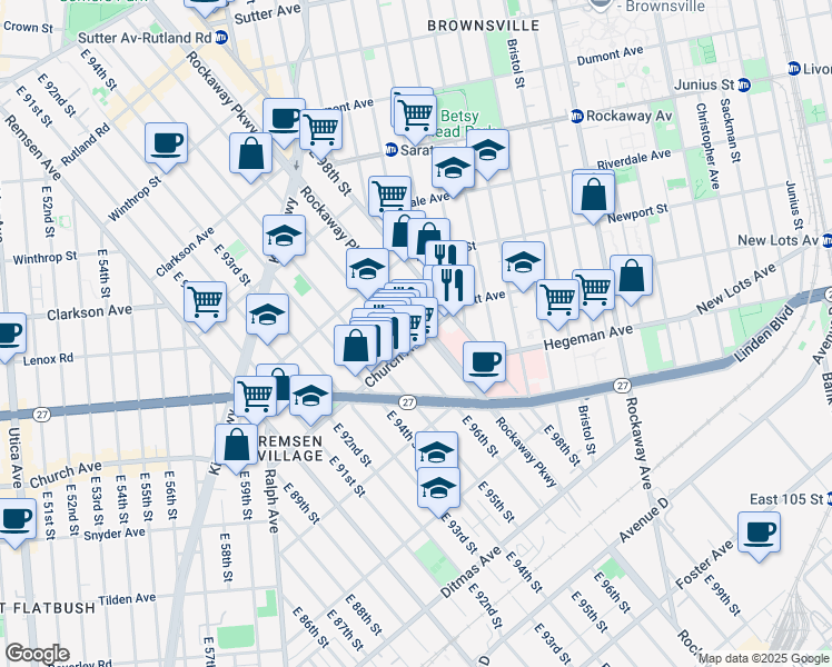 map of restaurants, bars, coffee shops, grocery stores, and more near 9601 Church Avenue in Brooklyn