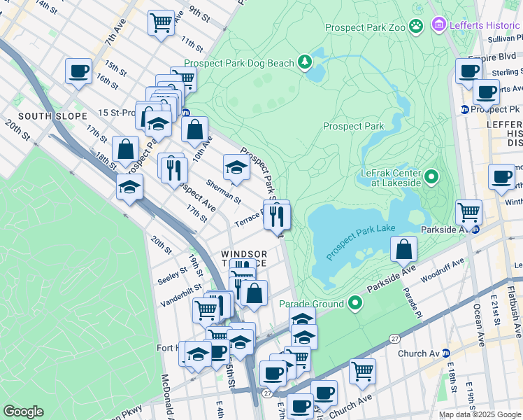 map of restaurants, bars, coffee shops, grocery stores, and more near 135 Prospect Park Southwest in Brooklyn