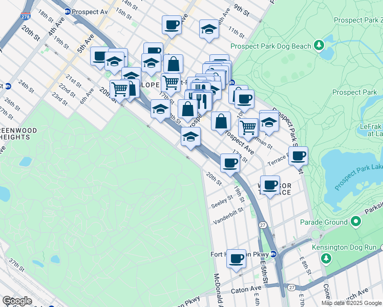 map of restaurants, bars, coffee shops, grocery stores, and more near 520 20th Street in Brooklyn