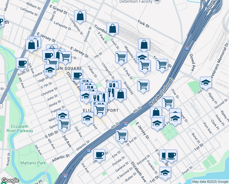 map of restaurants, bars, coffee shops, grocery stores, and more near 517 Fulton Street in Elizabeth