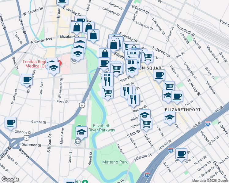 map of restaurants, bars, coffee shops, grocery stores, and more near 321 Christine Street in Elizabeth