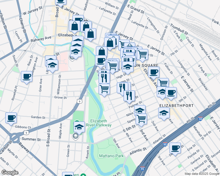 map of restaurants, bars, coffee shops, grocery stores, and more near 321 Christine Street in Elizabeth
