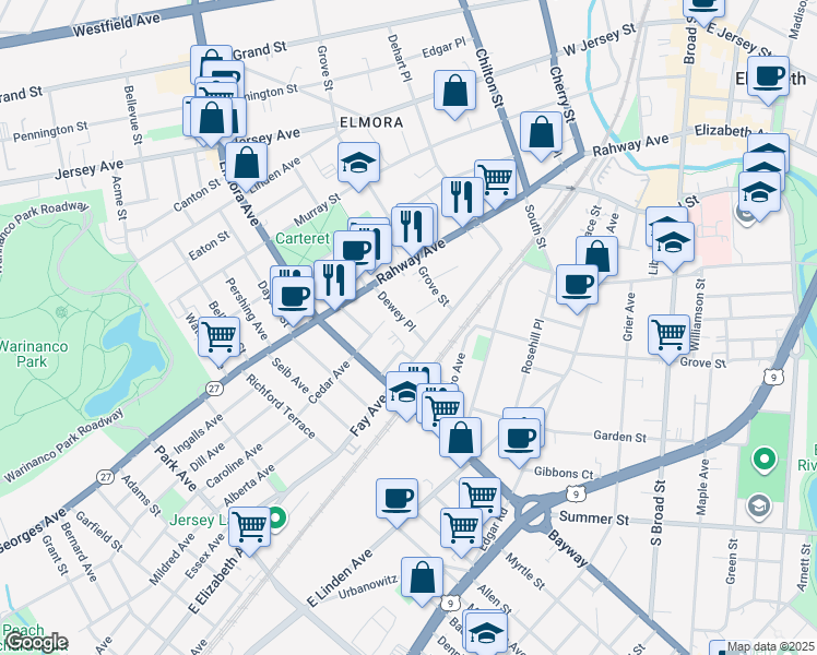 map of restaurants, bars, coffee shops, grocery stores, and more near 1050 Dewey Place in Elizabeth