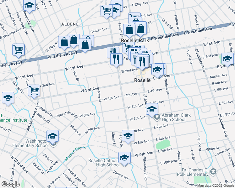map of restaurants, bars, coffee shops, grocery stores, and more near 212 West 4th Avenue in Roselle