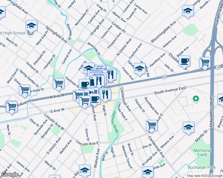 map of restaurants, bars, coffee shops, grocery stores, and more near in Cranford