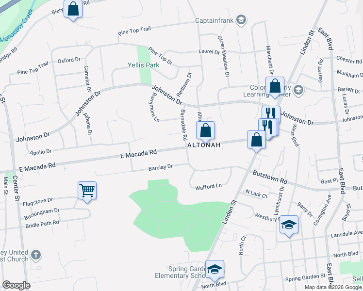 map of restaurants, bars, coffee shops, grocery stores, and more near 765 East Macada Road in Bethlehem