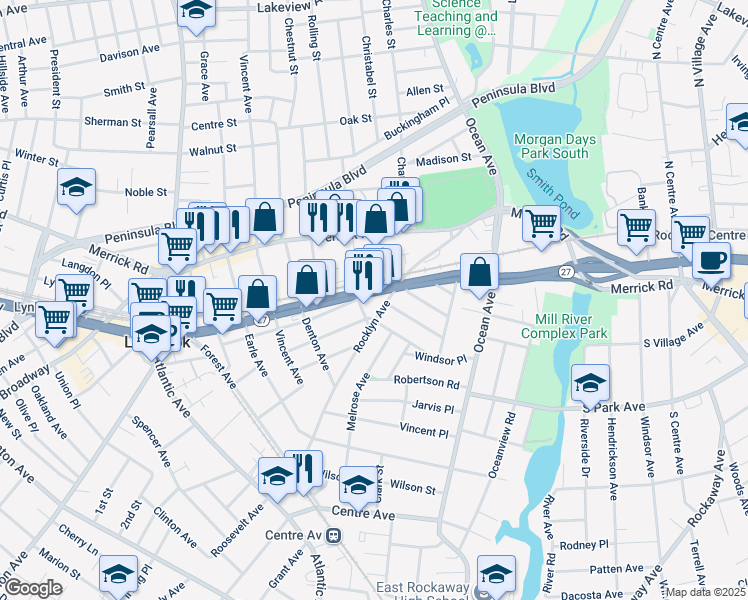 map of restaurants, bars, coffee shops, grocery stores, and more near 147 Sunrise Highway in Lynbrook