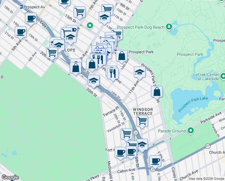 map of restaurants, bars, coffee shops, grocery stores, and more near 581 1/2 18th Street in Brooklyn