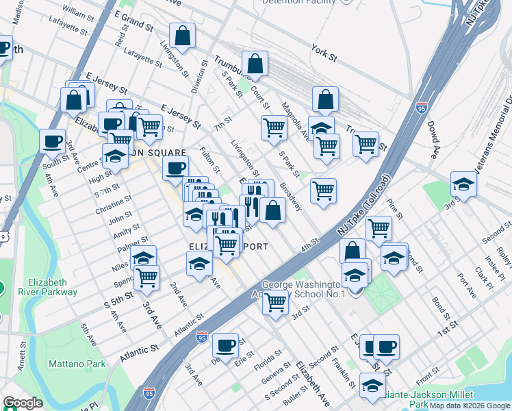 map of restaurants, bars, coffee shops, grocery stores, and more near 516 East Jersey Street in Elizabeth