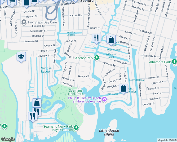 map of restaurants, bars, coffee shops, grocery stores, and more near 4010 Darby Lane in Seaford
