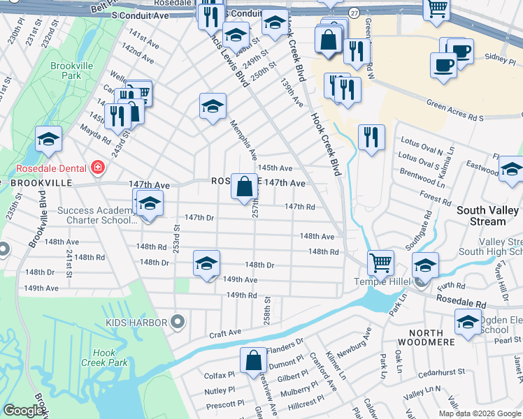 map of restaurants, bars, coffee shops, grocery stores, and more near 257-23 147th Drive in Queens