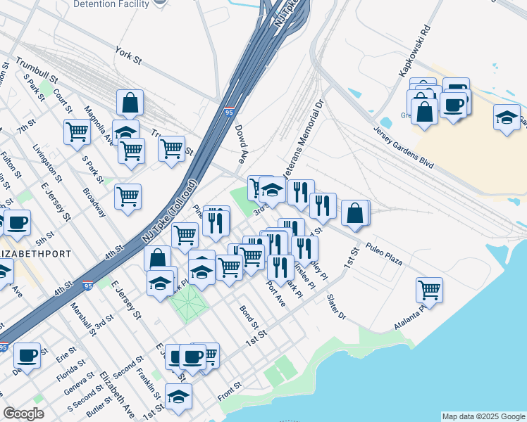 map of restaurants, bars, coffee shops, grocery stores, and more near 303 3rd Street in Elizabeth