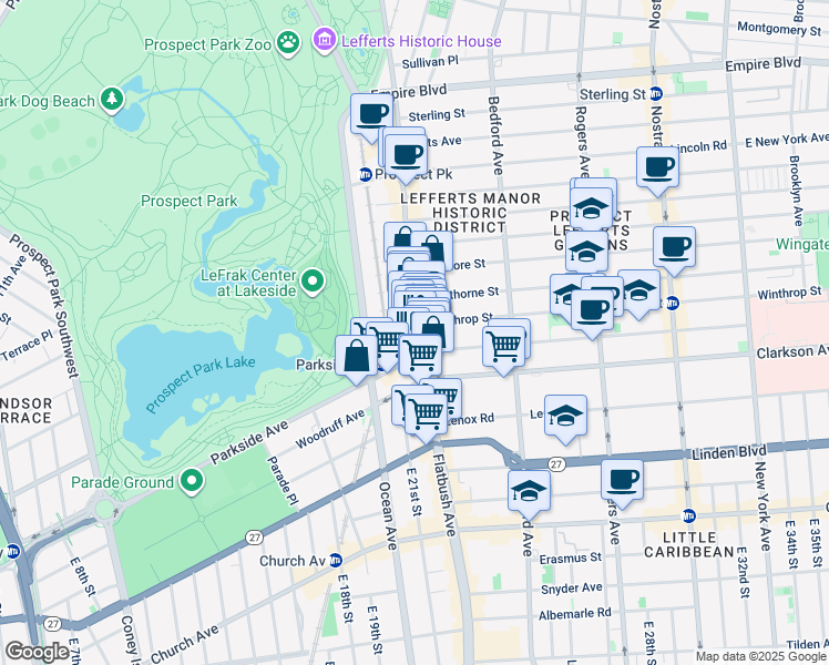 map of restaurants, bars, coffee shops, grocery stores, and more near 712 Flatbush Avenue in Brooklyn