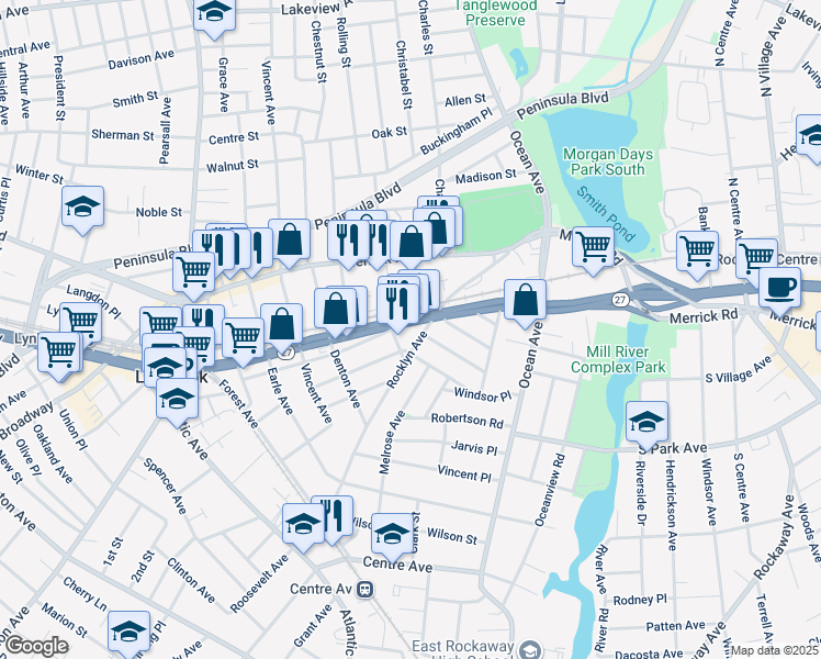 map of restaurants, bars, coffee shops, grocery stores, and more near 115 Rocklyn Avenue in Lynbrook