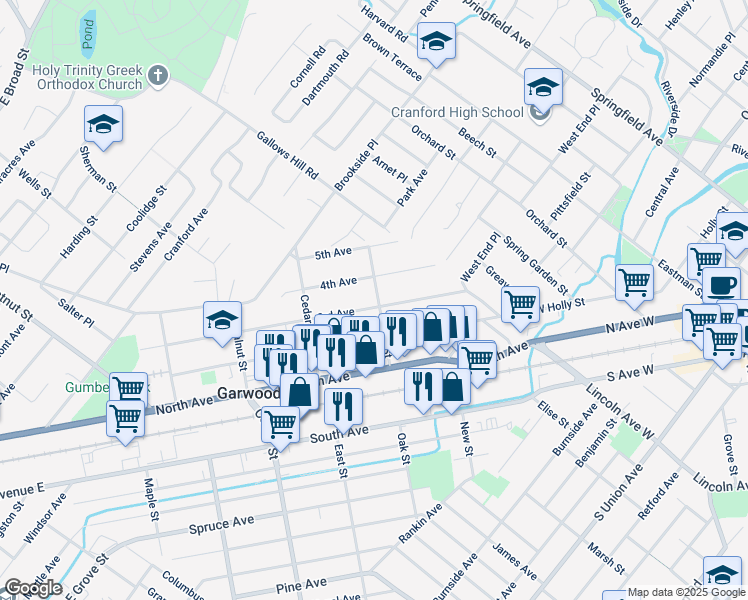 map of restaurants, bars, coffee shops, grocery stores, and more near 202 3rd Avenue in Garwood