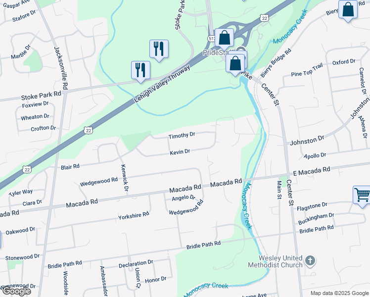 map of restaurants, bars, coffee shops, grocery stores, and more near 444 Kevin Drive in Bethlehem