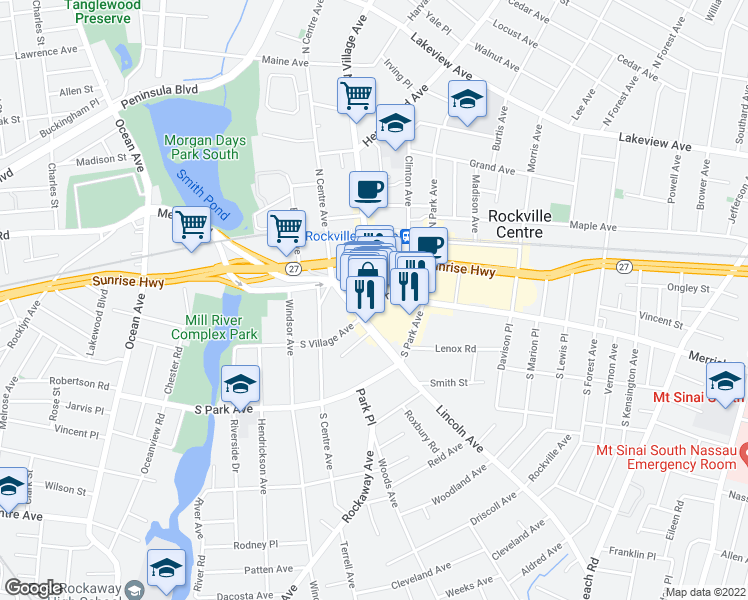 map of restaurants, bars, coffee shops, grocery stores, and more near 230 Merrick Road in Rockville Centre