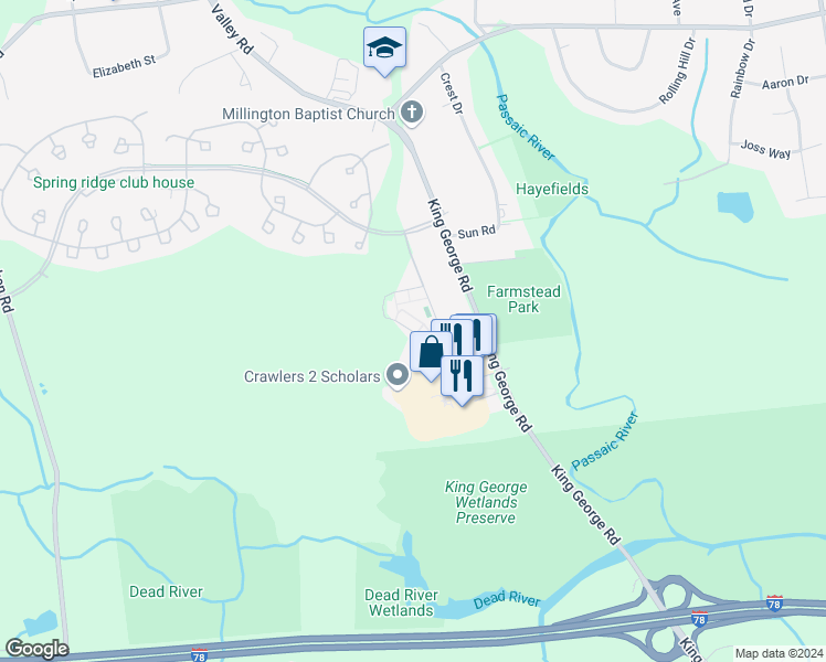 map of restaurants, bars, coffee shops, grocery stores, and more near Monarch Circle in Bernards