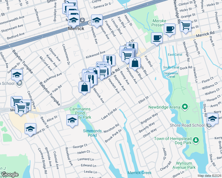 map of restaurants, bars, coffee shops, grocery stores, and more near 2631 Orr Street in Merrick