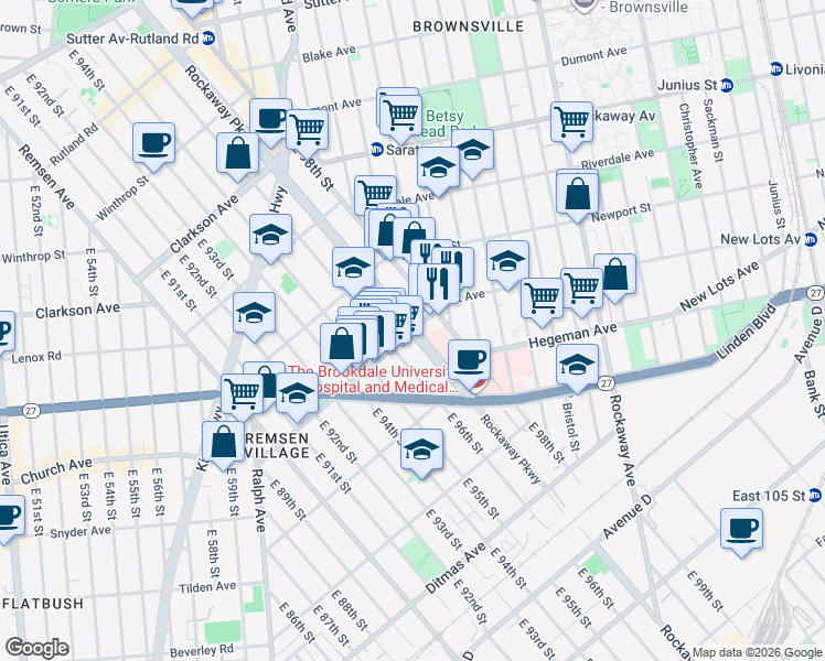 map of restaurants, bars, coffee shops, grocery stores, and more near 525 Rockaway Parkway in Brooklyn