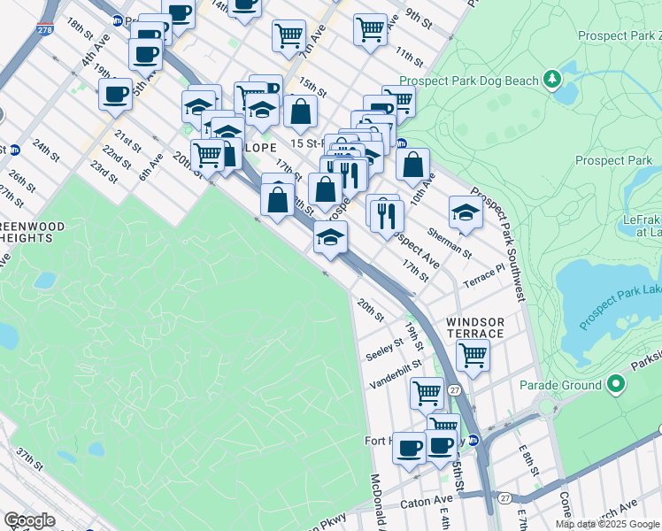 map of restaurants, bars, coffee shops, grocery stores, and more near 520 20th Street in Brooklyn