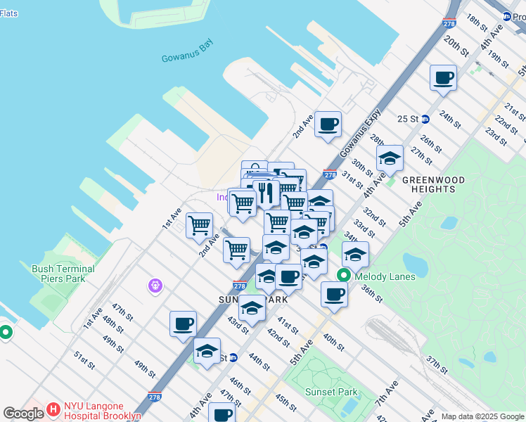 map of restaurants, bars, coffee shops, grocery stores, and more near 627 2nd Avenue in Brooklyn