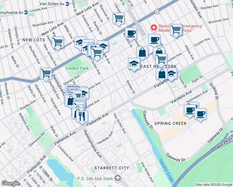 map of restaurants, bars, coffee shops, grocery stores, and more near 1043 Hendrix Street in Brooklyn