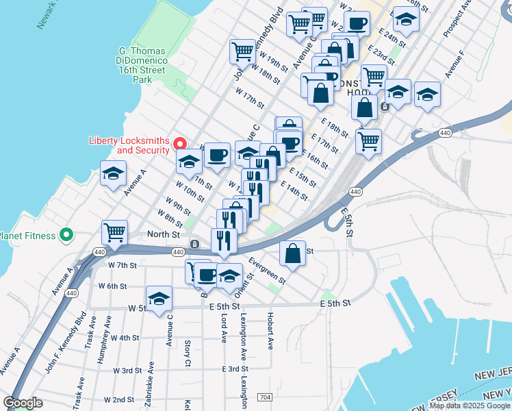 map of restaurants, bars, coffee shops, grocery stores, and more near 7 West 11th Street in Bayonne
