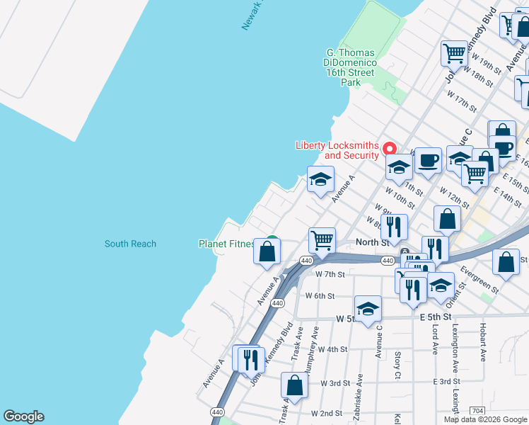 map of restaurants, bars, coffee shops, grocery stores, and more near 13 Schuyler Place West in Bayonne